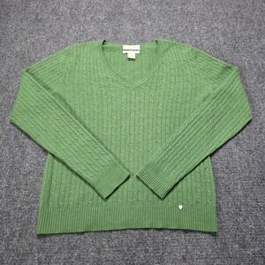 Geneva Women Cable Knit V Neck Pullover Sweater Green 100% 2-Ply Cashmere Size L
